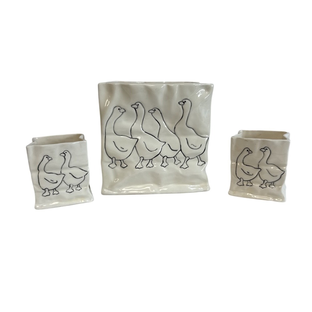 OOAK Los Padres 1989 Vintage Goose Ceramic Crinkle Bag Vase and Planter Set 3pc